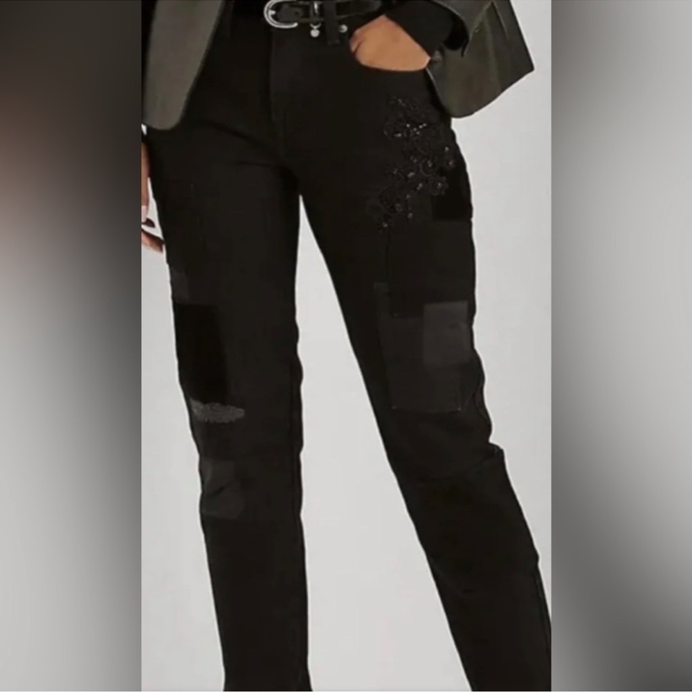 Ralph Lauren Womens Black Stretch Embellished Zippered Patchwork Tapered Leg